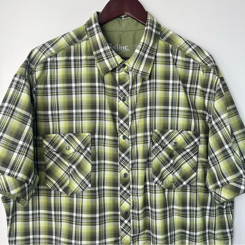 KUHL Men's XXL Green Plaid Pearl Snap ELUXUR Short Sleeve Shirt GORPCORE- FLAWED - Picture 5 of 16